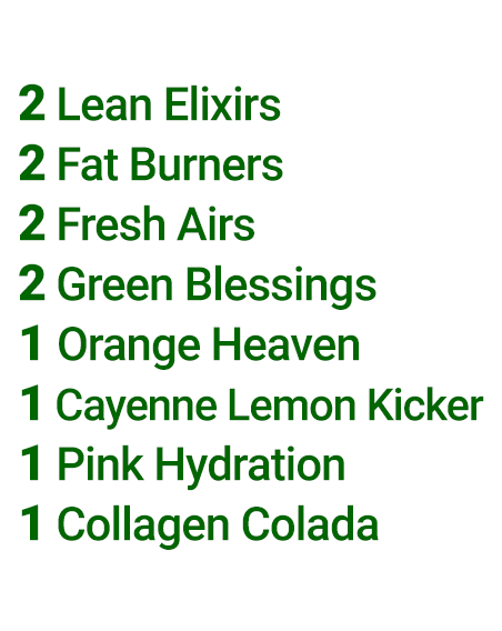 Contents of the Simplicity Variety 12-pack: 2 Lean Elixirs, 2 Fat Burners, 2 Fresh Airs, 2 Green Blessings, 1 Orange Heavens, 1 Cayenne Lemon Kickers, 1 Pink Hydrations, and 1 Collagen Colada