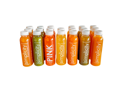 Simplicity Cold-Pressed Juice flavors, 12 12-oz bottles (3 Lean Elixirs, 3 Fat Burners, 3 Fresh Airs, 3 Green Blessings, 2 Orange Heavens, 2 Cayenne Lemon Kickers, 2 Pink Hydrations, and 2 Collagen Colada).