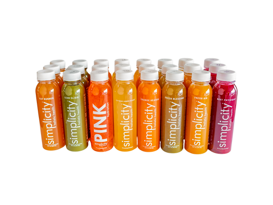 Nine Simplicity Cold-Pressed Juice flavors, 24 12-oz bottles (3 Lean Elixirs, 3 Fat Burners, 3 Fresh Airs, 3 Green Blessings, 2 Orange Heavens, 3 Pink Hydrations, 3 Cayenne Lemon Kickers, 2 Beet Physiques, and 2 Collagen Coladas).