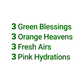 Contents of the Simplicity Big-Juice Boost: 3 Pink Hydration, 3 Green Blessing, 3 Fresh Air, and 3 Orange Heaven.