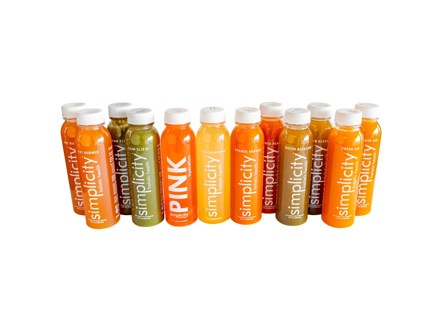 Simplicity Cold-Pressed Juice flavors, 12 12-oz bottles (2 Lean Elixirs, 2 Fat Burners, 2 Fresh Airs, 2 Green Blessings, 1 Orange Heavens, 1 Cayenne Lemon Kickers, 1 Pink Hydrations, and 1 Collagen Colada).