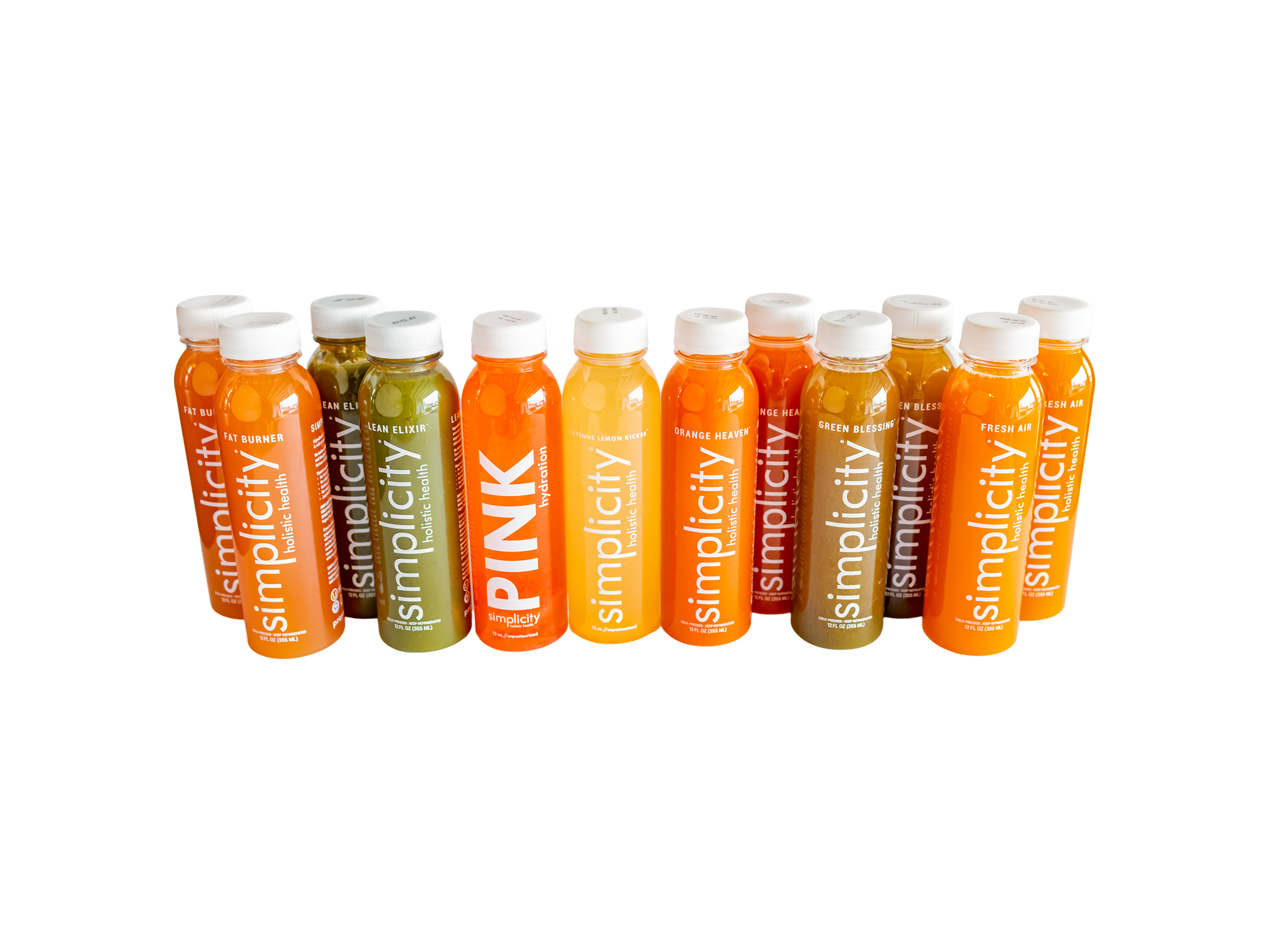 Simplicity Cold-Pressed Juice flavors, 12 12-oz bottles (2 Lean Elixirs, 2 Fat Burners, 2 Fresh Airs, 2 Green Blessings, 1 Orange Heavens, 1 Cayenne Lemon Kickers, 1 Pink Hydrations, and 1 Collagen Colada).